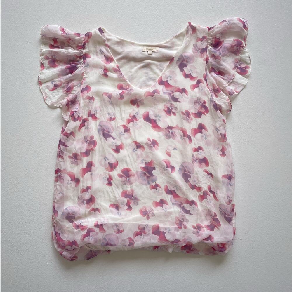 Vtg Y2K Guisy Pink Silk Floral Futter Sleeve Fairy Top / Made in Italy / Sz S /
